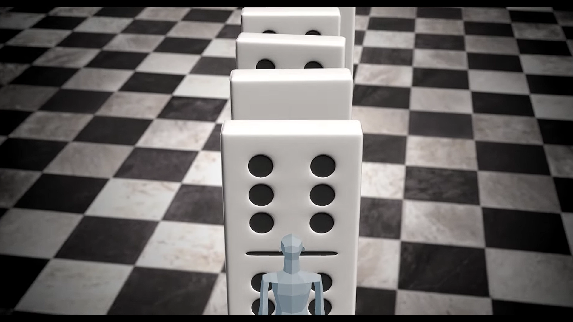 Animations-Still von Simeo Betschart: Fallende Dominosteine visualisieren die Kipppunkte des Artensterbens und die Bedrohung der Menschheit