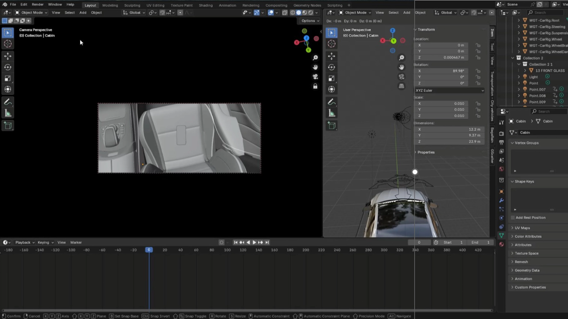 Einblick in den 3D-Animationsprozess: Die Benutzeroberfläche der Software Blender während der Erstellung des Kurzfilms 'Vergeben